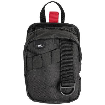 Schwarze, kompakte Gürteltasche mit rotem Tragegriff und kleinem Reißverschlussfach, geeignet für den Outdoor-Einsatz.