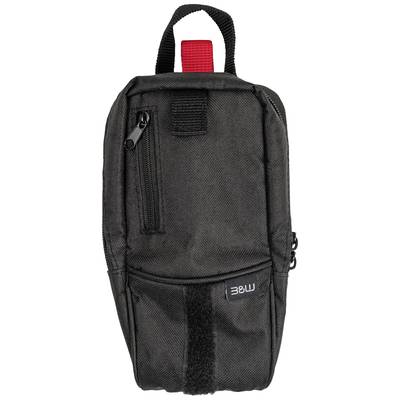 Schwarz-graue kleine Tasche mit Reißverschluss und rotem Tragegriff.