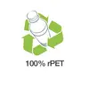 Eine Plastikflasche umgeben von drei grünen Pfeilen in einem Recycling-Symbol, darunter der Text '100% rPET'.