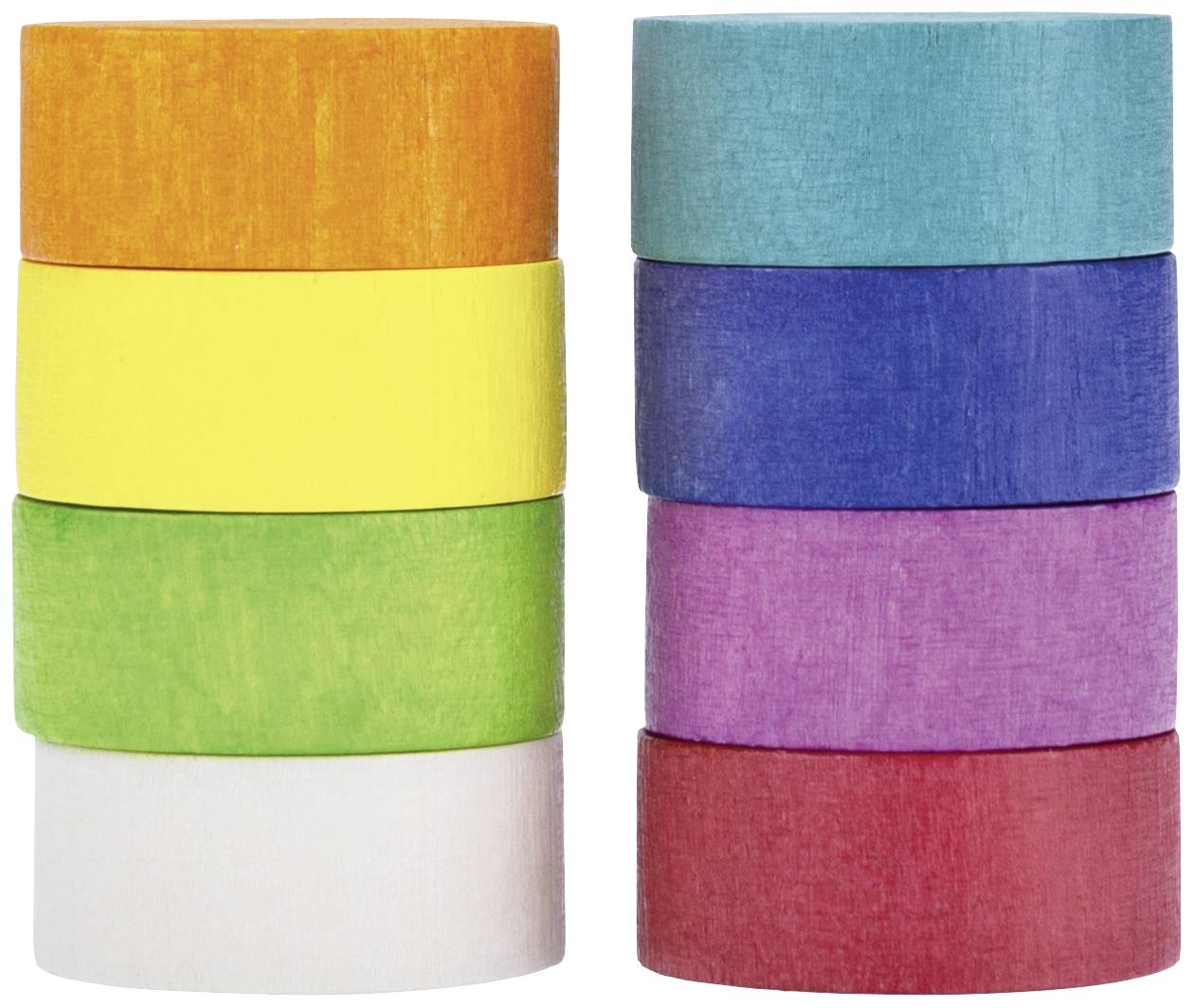 'Stapel von acht bunten Klebebändern in verschiedenen Farben, zwei separate Säulen. Farben umfassen Orange, Gelb, Grün, Blau, Rot und Violett.'