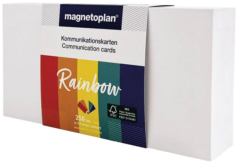 Eine Packung 'magnetoplan' Kommunikationskarten mit 250 Stück in fünf Farben.