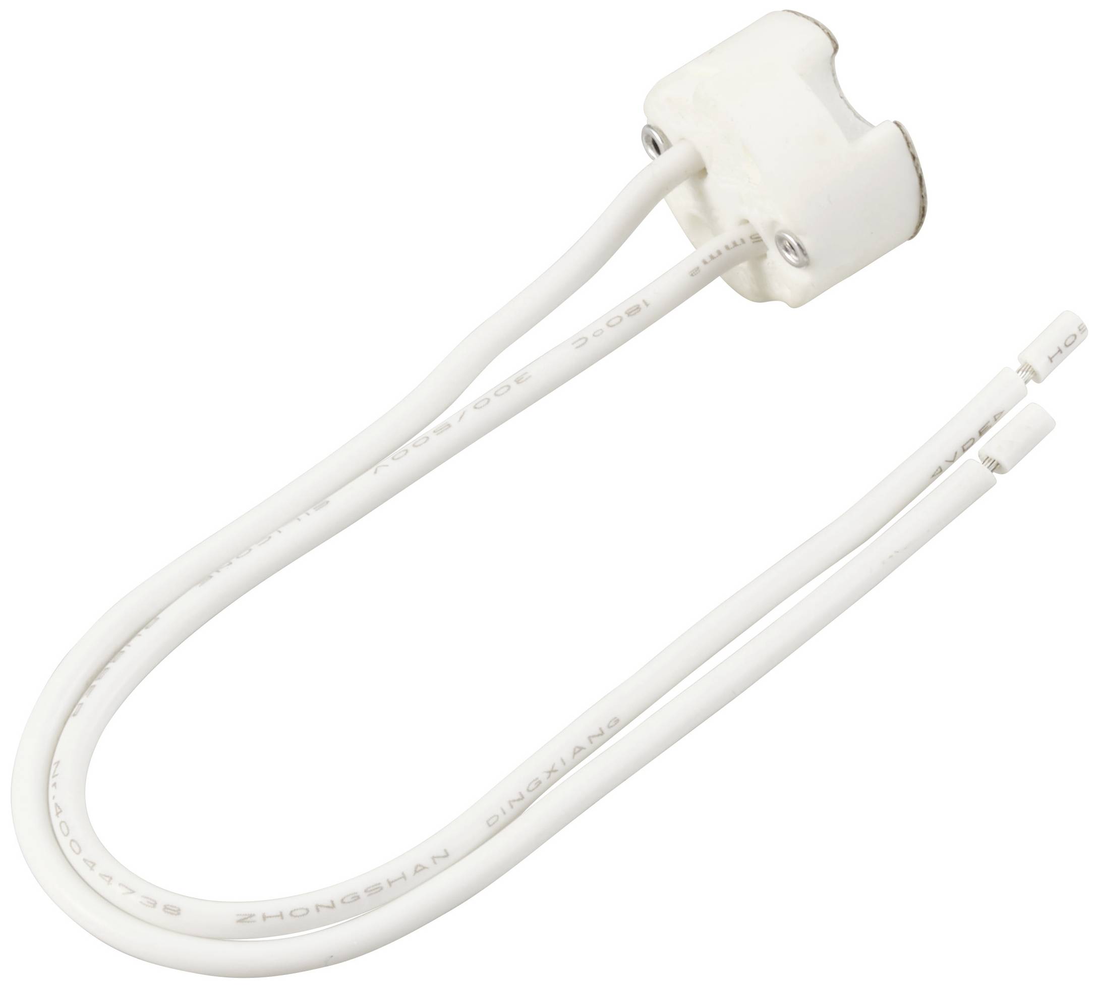 Ein weißer elektrischer Keramiklampensockel mit zwei langen isolierten Drähten, geeignet für eine GU10-Glühbirne.
