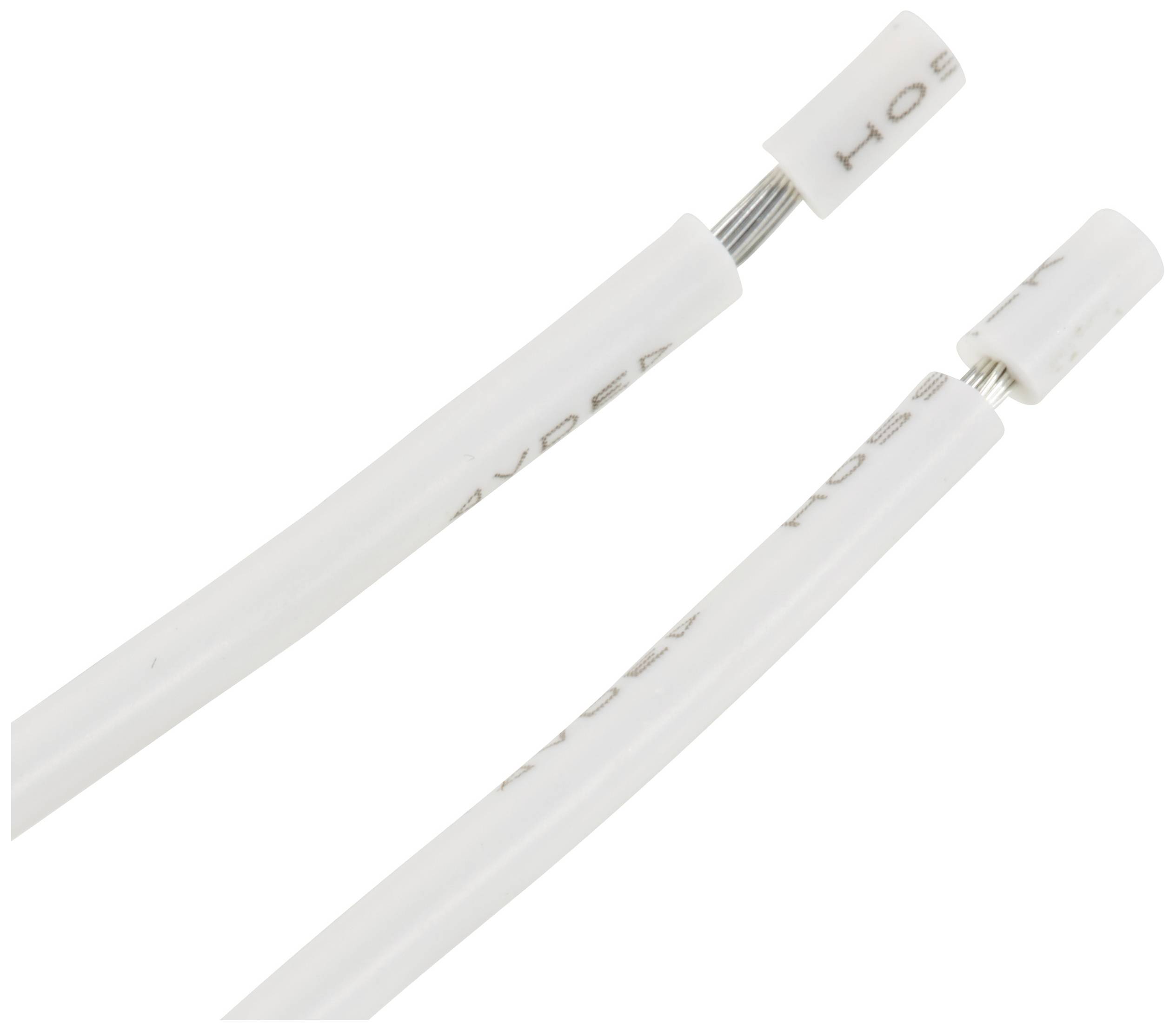 Zwei weiße Kabel mit Metallinnenleiter und beschrifteten Endhülsen, Nahaufnahme.