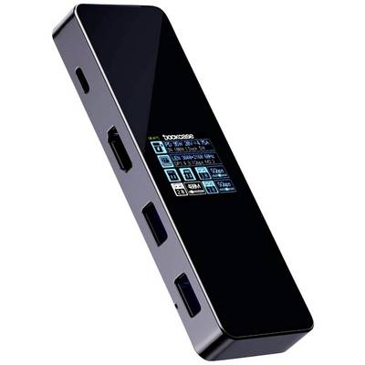 Ein USB-Hub mit mehreren Anschlüssen, darunter HDMI und USB, zeigt auf einem Display Informationen zu angeschlossenen Geräten an.