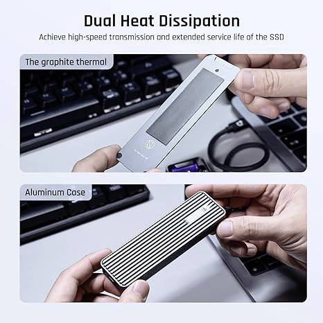 'Dual Heat Dissipation' SSD-Gehäuse mit Graphit-Thermalmodul und Aluminiumgehäuse für hohe Datenübertragung und Langlebigkeit.