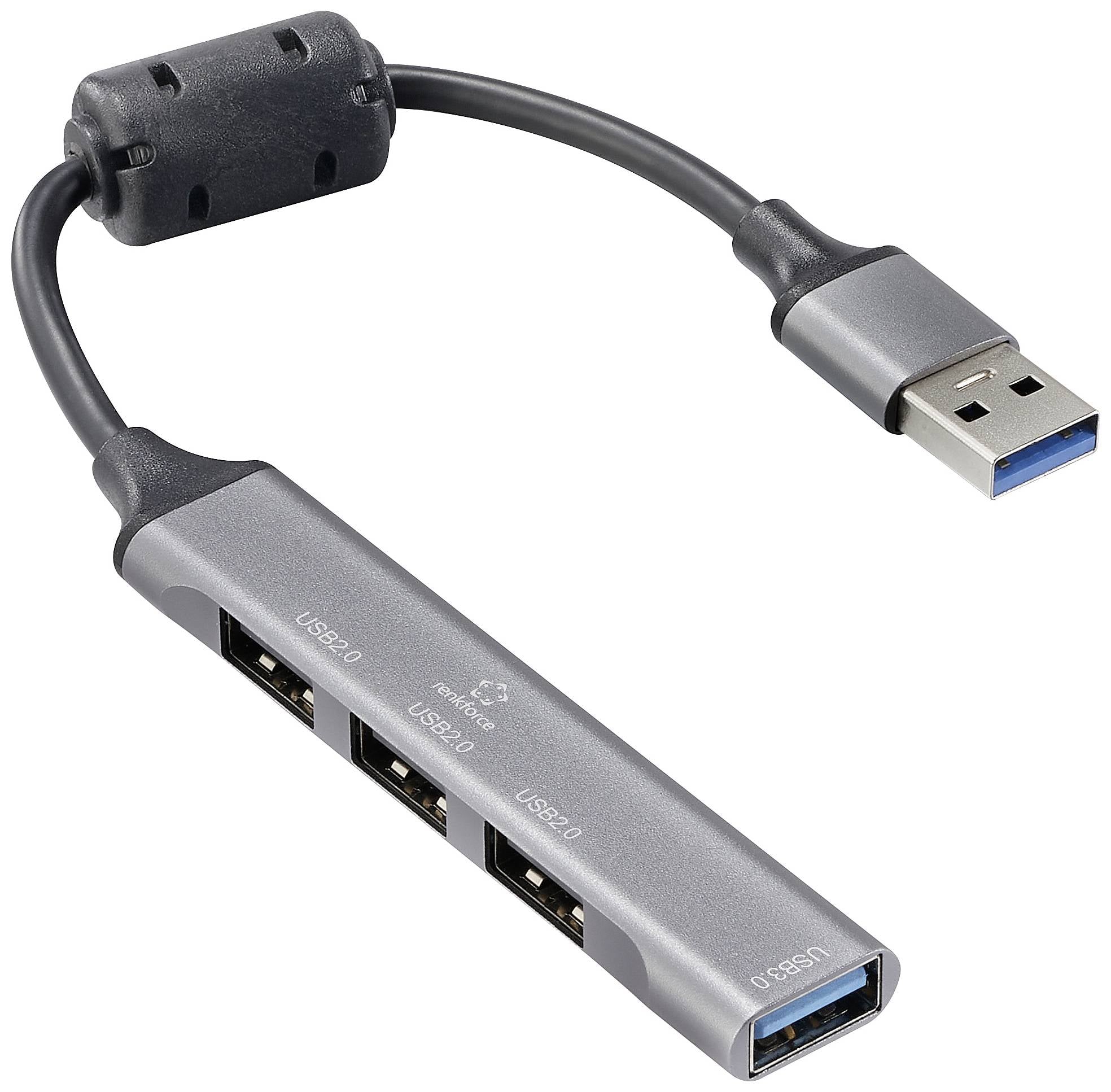 USB-Hub mit vier Anschlüssen (drei USB 2.0, ein USB 3.0) und kurzen Kabel zu einem USB-Stecker.