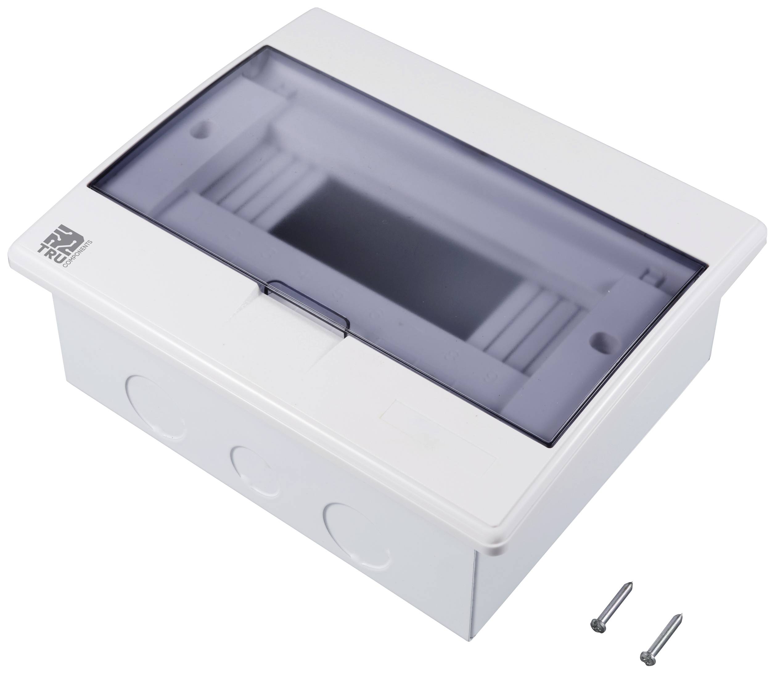 Weiße Kunststoff-Abzweigdose mit transparentem Deckel, geeignet zur Aufbewahrung oder Verbindung elektrischer Komponenten. Zwei Schrauben enthalten.