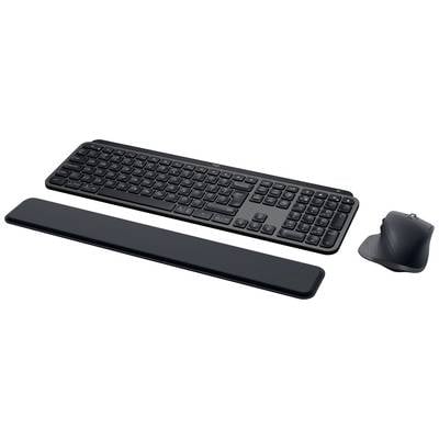 Schwarze kabellose Tastatur mit Handballenauflage und vertikaler ergonomischer Maus, auf weißem Hintergrund.