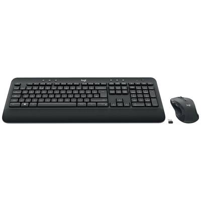 Kabellose schwarze Tastatur und Maus-Set mit USB-Empfänger, geeignet für Computerarbeiten.