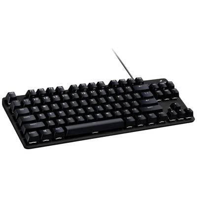 Schwarze mechanische Tastatur mit deutschem QWERTZ-Layout, kabelgebunden, im Profil von oben rechts sichtbar.