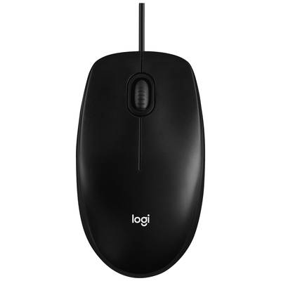 Schwarze kabelgebundene Computermaus mit Scrollrad, Aufsicht, Marke 'Logi'.