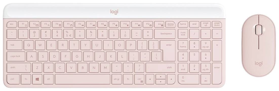 Kabellose Tastatur und Maus in Rosa. Die Tastatur zeigt alphanumerische Tasten und eine Reihe von Funktionstasten. Die Maus hat ein Scrollrad.