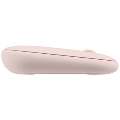 Eine rosa kabellose Computermaus in Seitenansicht.