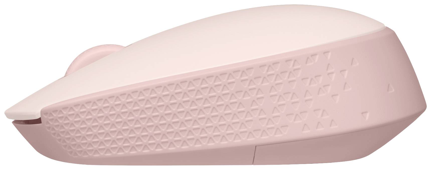 Eine drahtlose Maus in Rosa, seitlich fotografiert, mit strukturiertem Griff und scrollbarem Rad, geeignet für Computerarbeit.