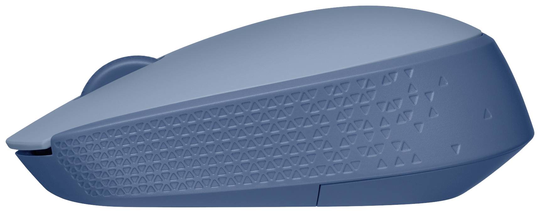 Eine blaue, kabellose Computermaus mit geometrischen Mustern an der Seite.