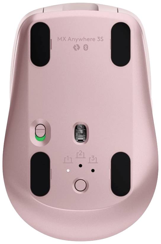 Rückseite einer rosa kabellosen Maus mit Schalter für Ein/Aus, Sensor und Bluetooth-Symbol.