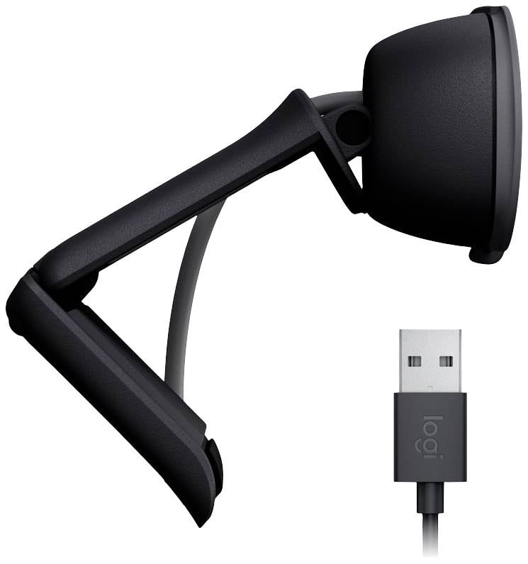 Eine schwarze USB-Webcam mit flexiblem Halterungsgelenk und Kabel, die eine einfache Anpassung des Winkels ermöglicht.