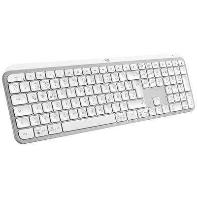 Kabellose weiße Tastatur mit vollständigem Tastenfeld und modernen, flachen Tasten auf einer grauen Basis.