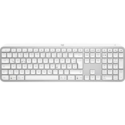 Kabellose, silberne Tastatur mit weißem Tastenlayout im QWERTZ-Format. Herstellerlogo über dem Nummernblock sichtbar.
