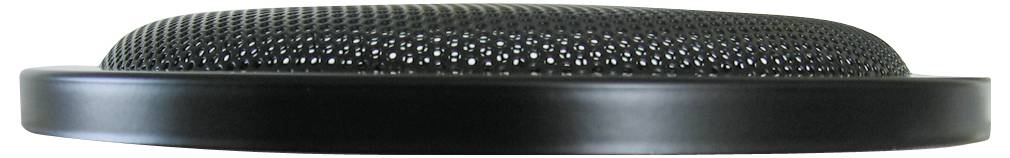 Ein schwarzer, flacher runder Lautsprecher mit einem Gitter auf der Oberseite, Seitenansicht.