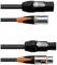 'Zwei XLR-Kabel-Steckverbinder: einer in schwarz mit Metallverschluss, der andere schwarz-orange mit Metallverschluss, beide horizontal ausgerichtet.'