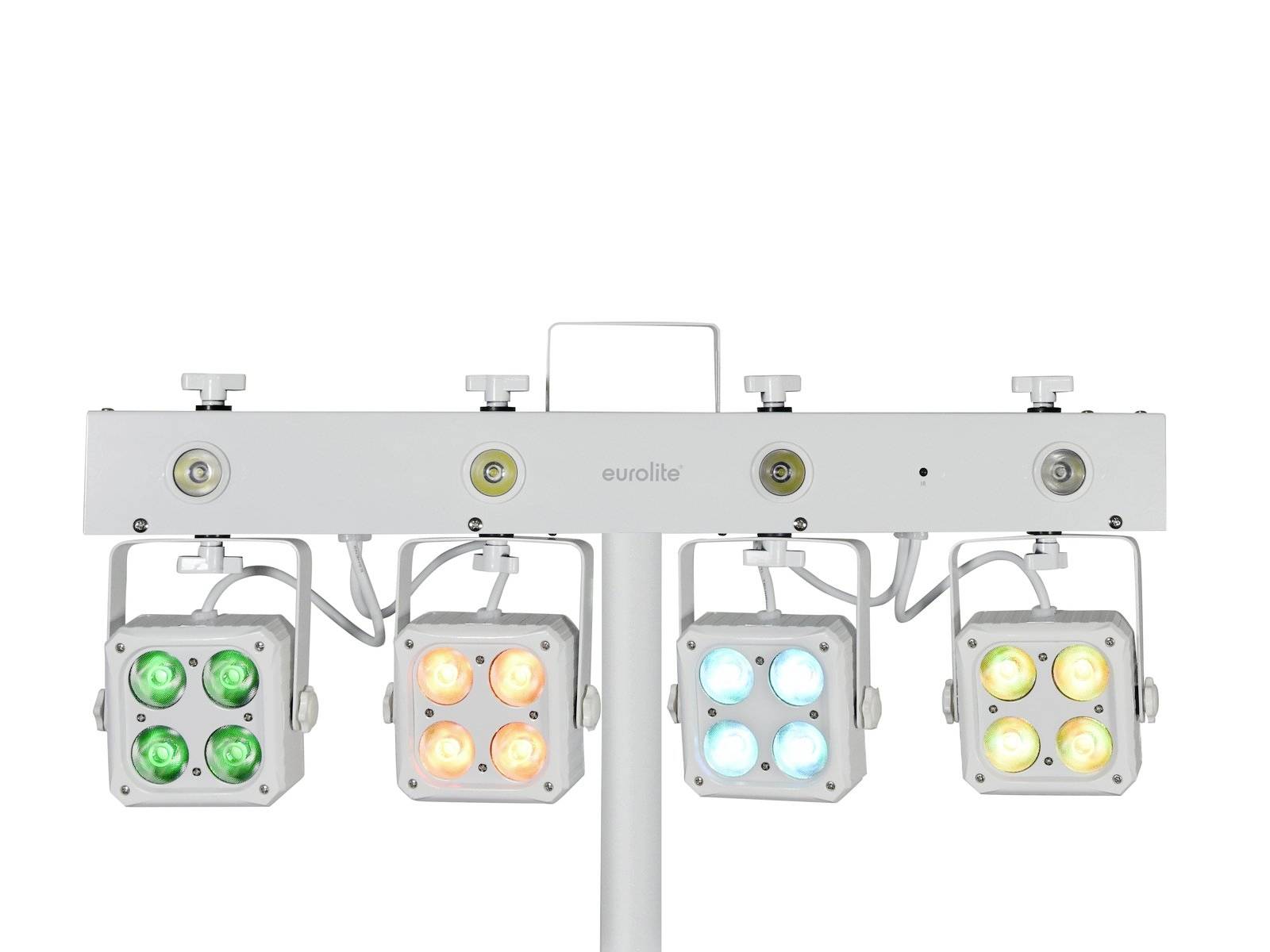 Ein Lichtsystem mit fünf LED-Panels in verschiedenen Farben: grün, orange und blau. Einheit von 'eurolite'. Ideal für Bühnenbeleuchtung.