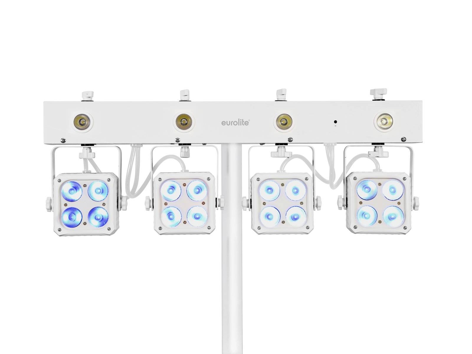 Ein LED-Lichtsystem mit vier rechteckigen Leuchten, die blaues Licht emittieren, auf einem weißen Gehäuse montiert.