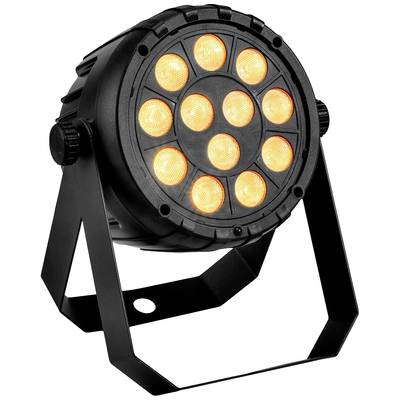 Ein runder, schwarzer LED-Strahler leuchtet mit zehn orangenen Lichtern. Der Strahler hat ein einstellbares Stativ für Bodenplatzierung.