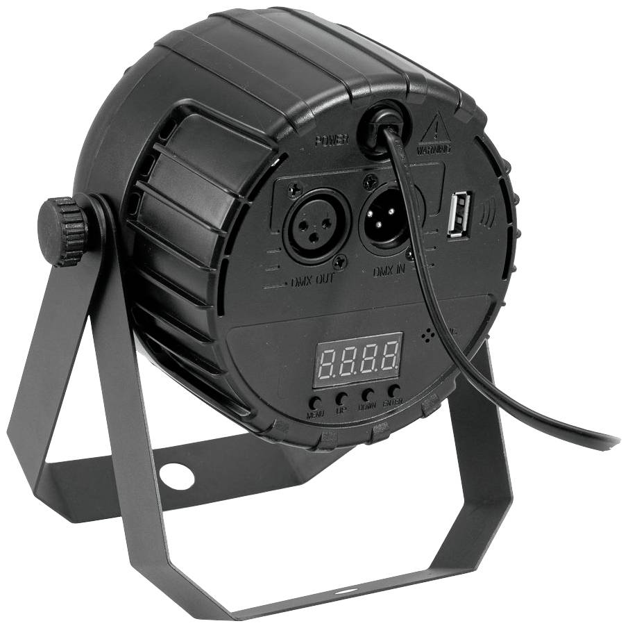 Rückseite eines schwarzen Bühnenscheinwerfers mit Anschlüssen für DMX, Netzteil, USB, und einer digitalen Anzeige.