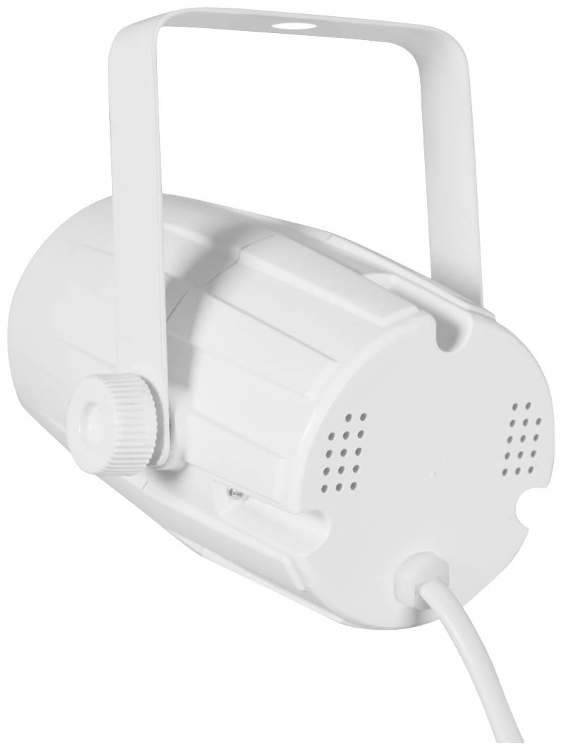 Ein weißes Bühnenscheinwerfer-Gehäuse mit Halterung, Kabel und Lüftungsschlitzen, vor weißem Hintergrund.