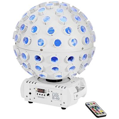 Tischleuchte in Kugelform mit blauen LED-Lichtern und Fernbedienung, trägt Aufschrift 'eurolite LED B-40'.