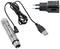 Mikrofon mit XLR-Anschluss und USB-Kabel zur Verbindung, neben einem USB-Steckernetzteil. Ideal für Audioaufnahmen und -übertragung.