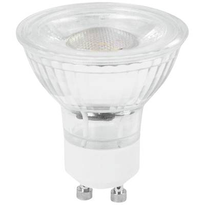Eine LED-Glühbirne mit GU10-Sockel, transparentem Gehäuse und sichtbarer Struktur im Inneren, dargestellt auf weißem Hintergrund.