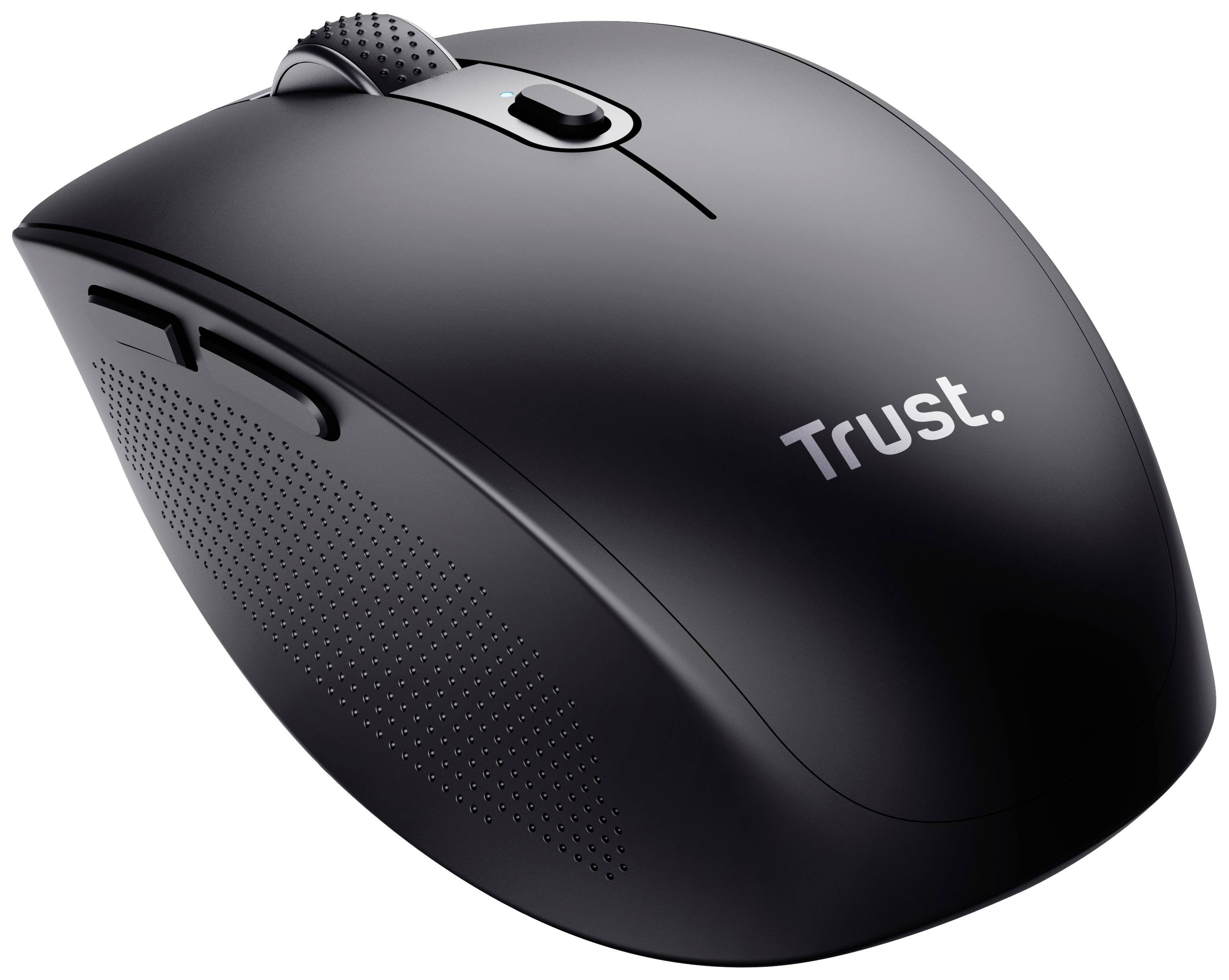 Schwarze kabellose Computermaus mit zwei Tasten, einem Scrollrad und der Aufschrift 'Trust'.