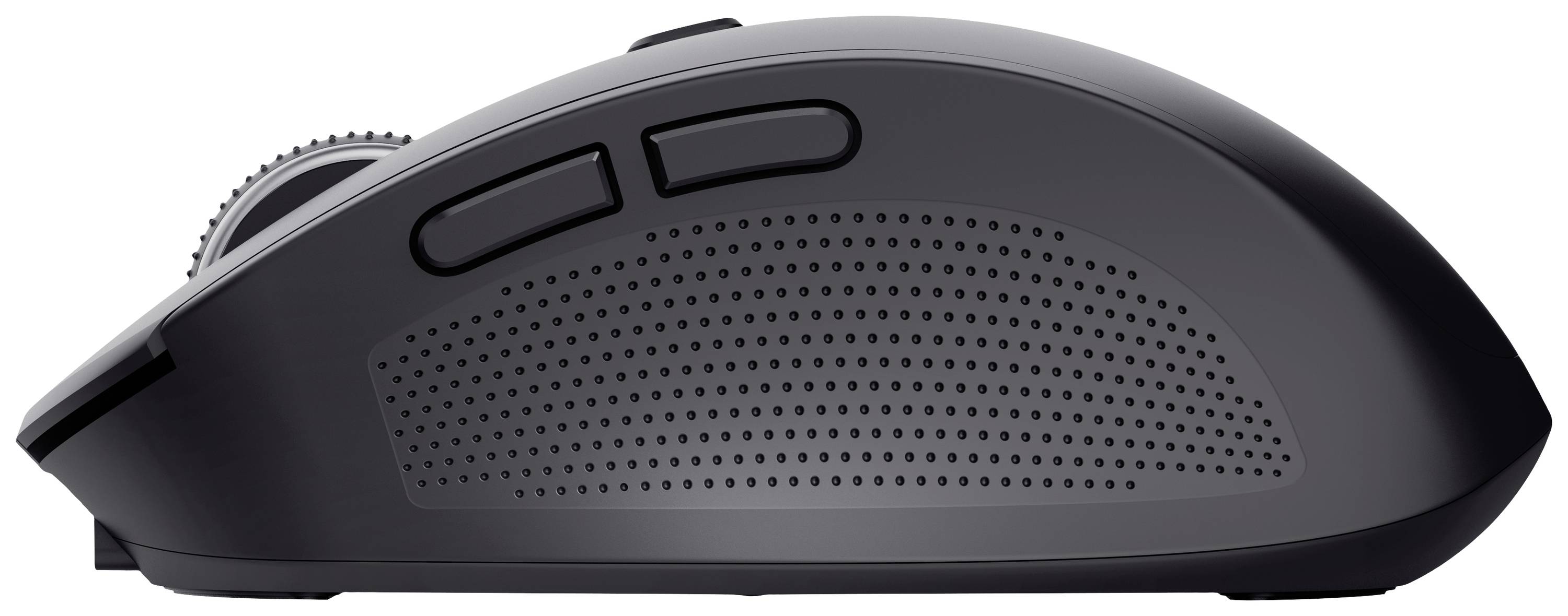 Kabellose, ergonomische Computermaus in Seitenansicht. Die Maus ist schwarz mit einer strukturierten Griffoberfläche und zwei Seitentasten.