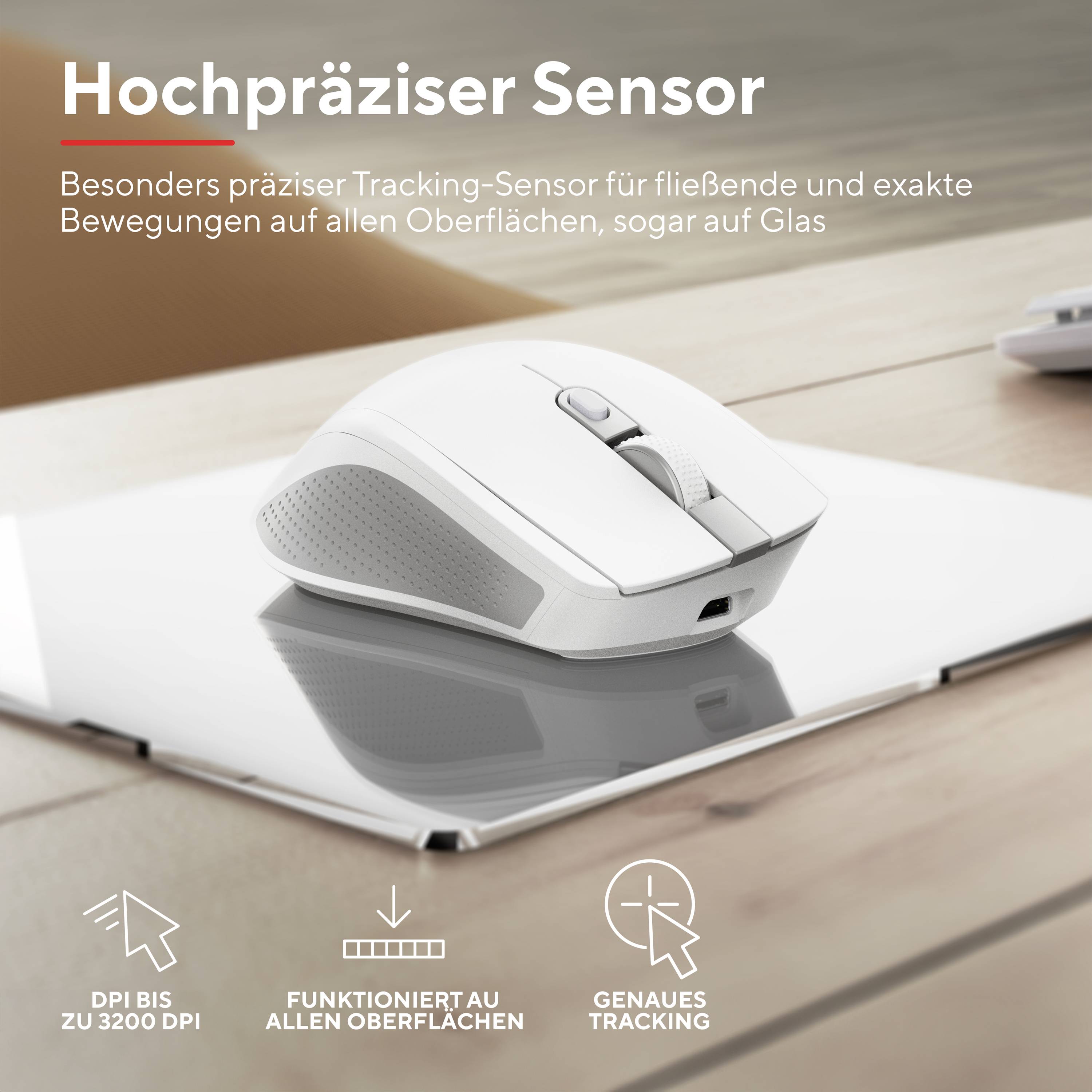 Maus auf einem Notizbuch. Text: 'Hochpräziser Sensor' und 'Besonders präziser Tracking-Sensor für fließende und exakte Bewegungen'.