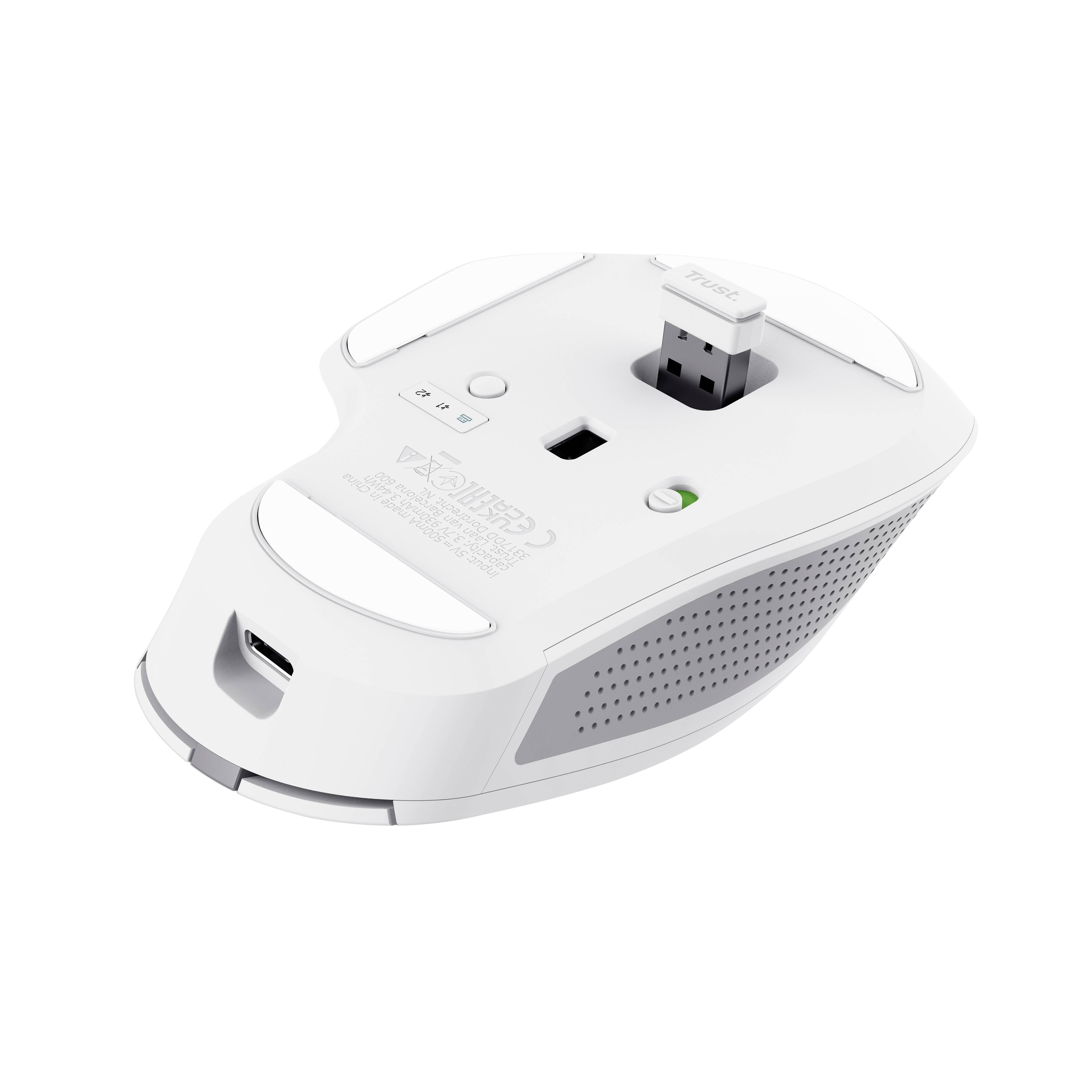 Weißer kabelloser Computermaus, unten liegend, zeigt Sensor, Batteriefach mit USB-Dongle und Ein/Aus-Schalter.