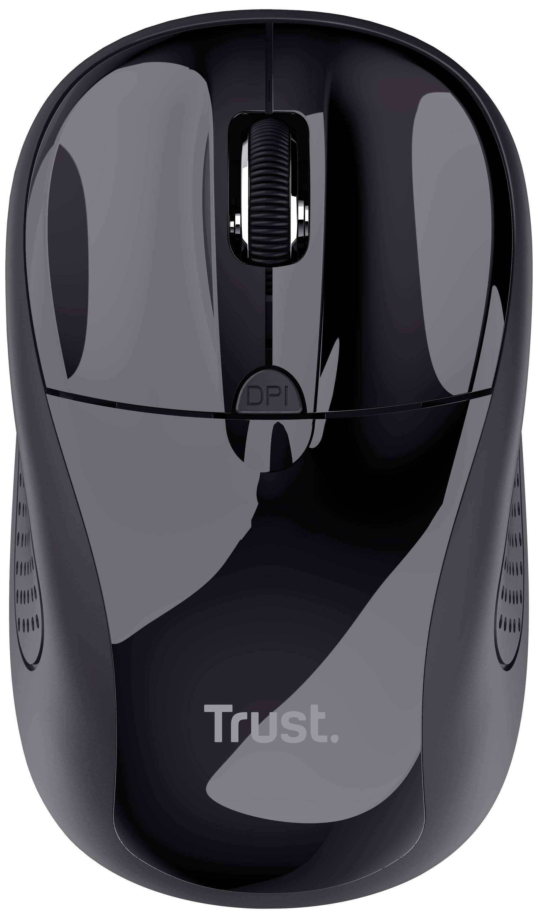 Eine schwarze, kabellose Computermaus mit ergonomischem Design und Scrollrad, geeignet für den Einsatz am Arbeitsplatz oder zu Hause.