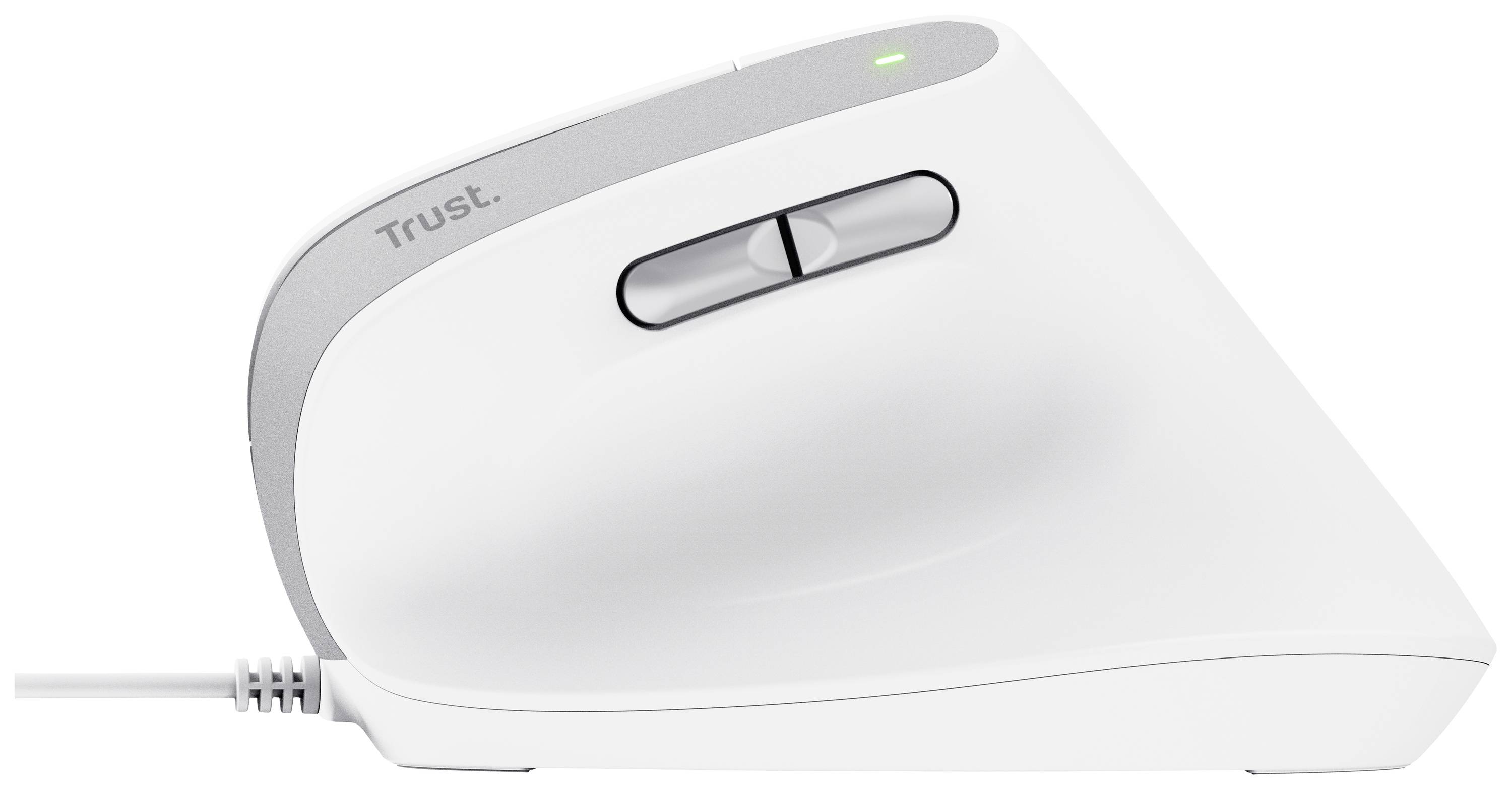 Eine weiße ergonomische Computermaus mit zwei Tasten und einem Scrollrad, geeignet für rechtshändige Nutzer, Kabelanschluss sichtbar.