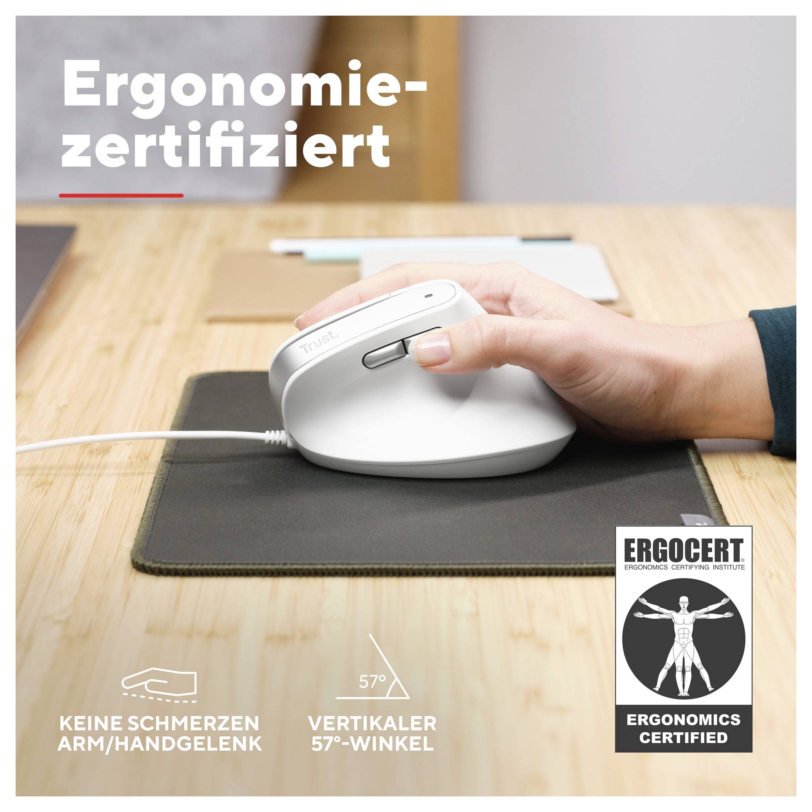 'Hand hält ergonomische Maus auf Schreibtisch; Text: Ergonomie-zertifiziert, Keine Schmerzen Arm/Handgelenk, Vertikaler 57°-Winkel.'
