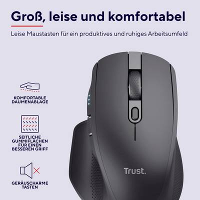 Große, schwarze Computermaus mit leisen Tasten, ergonomischem Design und gummierter Oberfläche für besseren Griff.
