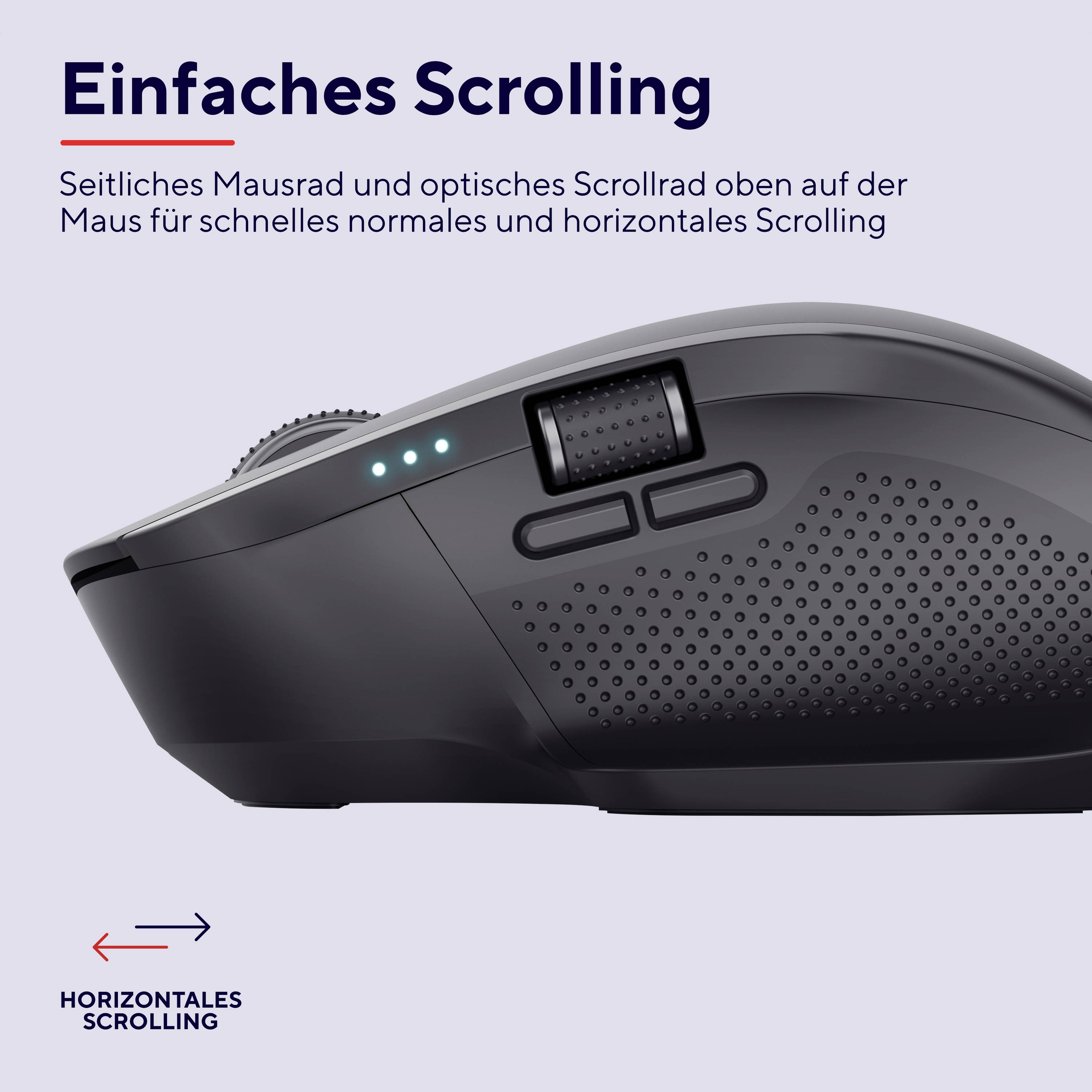 Ein schwarzes PC-Mausmodell mit optischem Scrollrad auf der Oberseite für horizontales und vertikales Scrollen; Werbetext 'Einfaches Scrolling'.