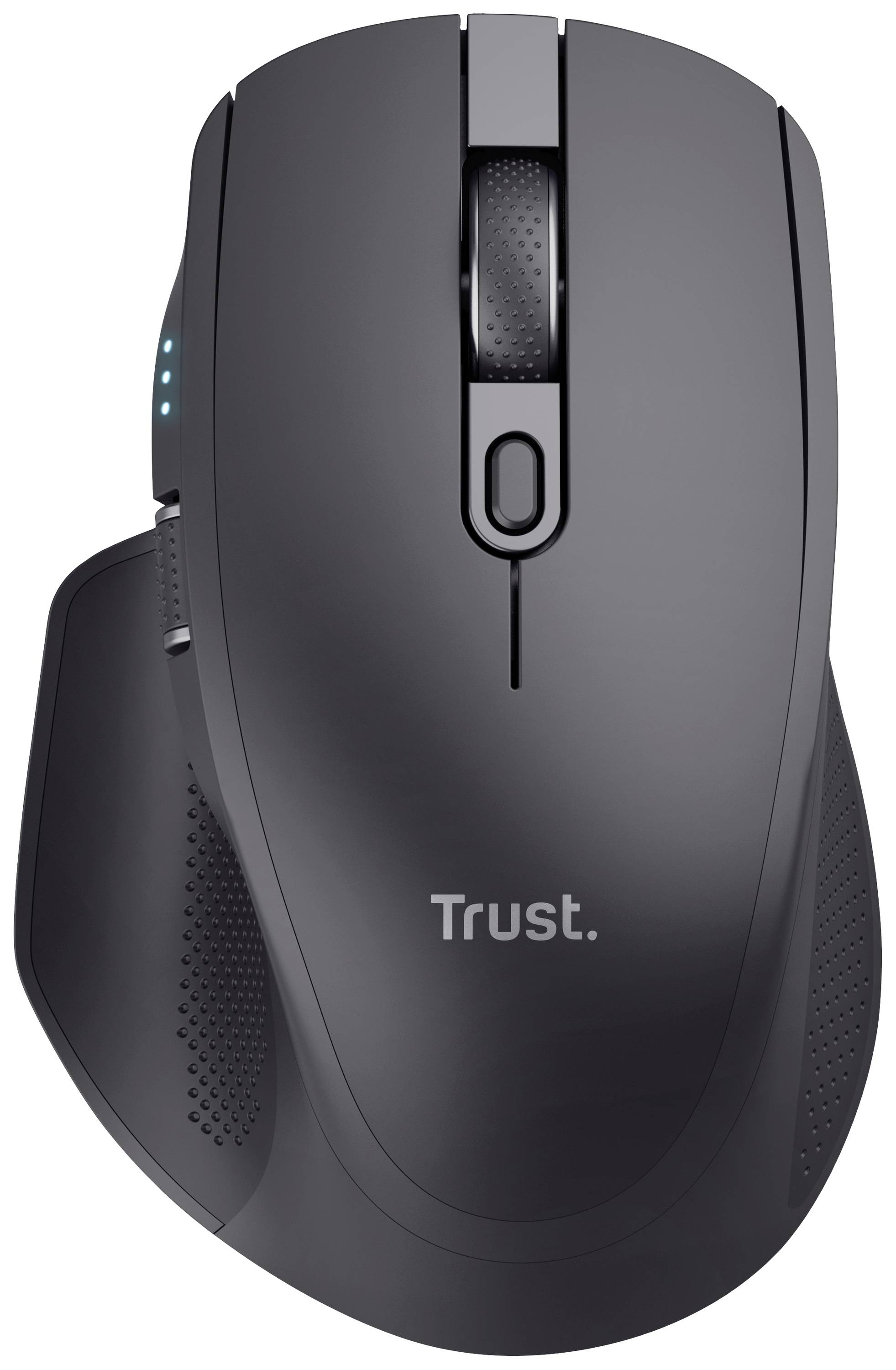 Eine schwarze Computermaus mit ergonomischem Design und beleuchtetem Scrollrad der Marke 'Trust'.