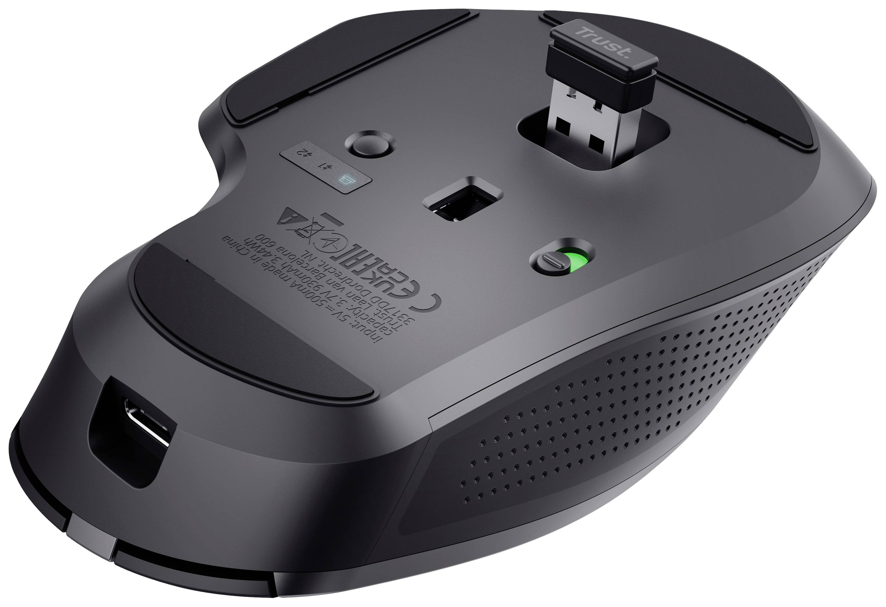 Die Unterseite einer kabellosen Computermaus zeigt das Batteriefach, einen USB-Empfänger und Funktionstasten zur Geräteeinstellung.