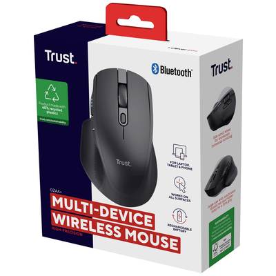Kabellose Mehrgeräte-Maus von Trust in Verpackung; mit Bluetooth, wiederaufladbarem Akku und für Laptop, Tablet, Telefon geeignet.