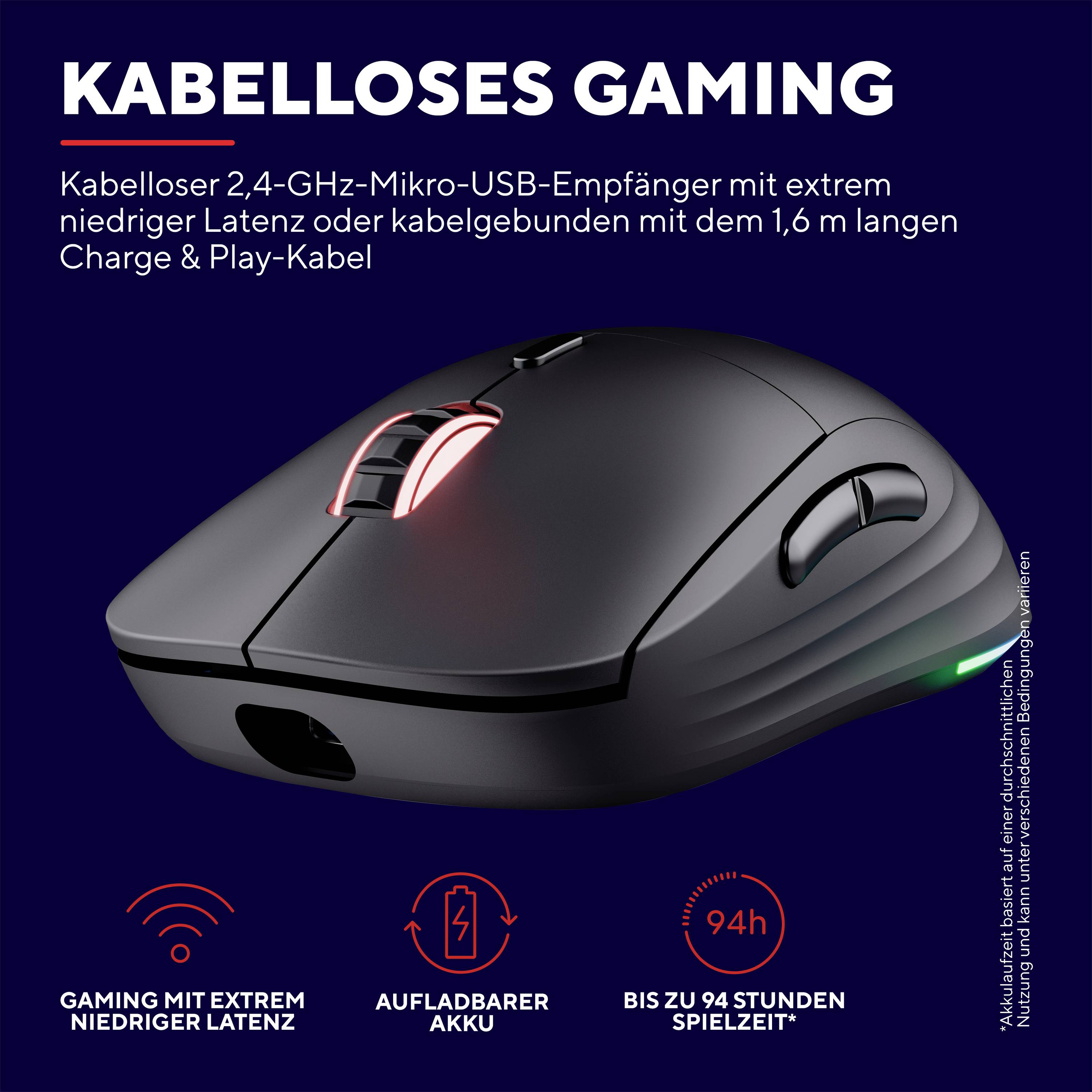 'Kabellose Gaming-Maus mit extrem niedriger Latenz, aufladbarem Akku und bis zu 94 Stunden Spielzeit. 2,4-GHz-Mikro-USB-Empfänger.'