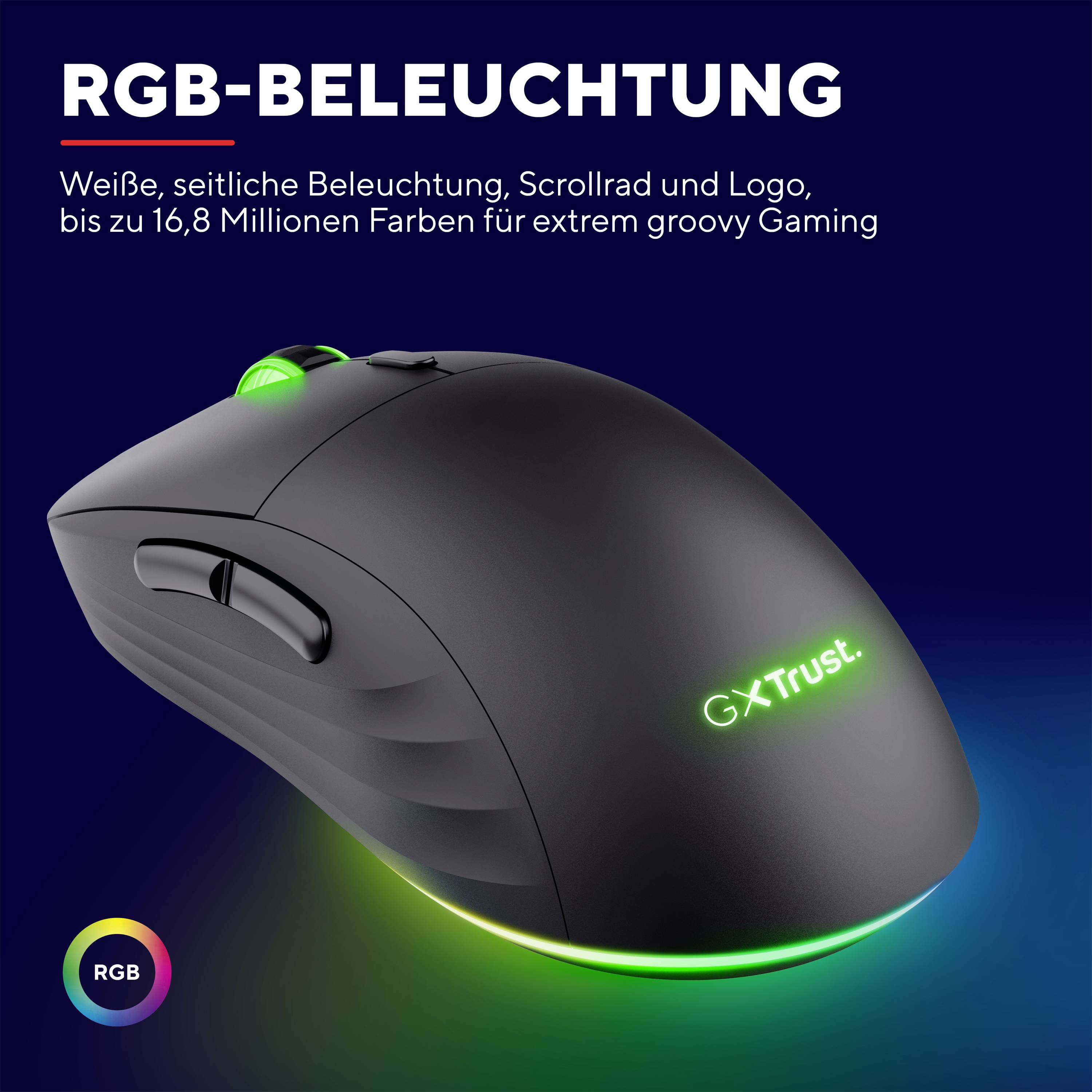 'Schwarze Gaming-Maus mit seitlicher RGB-Beleuchtung, Scrollrad und leuchtendem Logo. Unterstützt bis zu 16,8 Millionen Farben.'