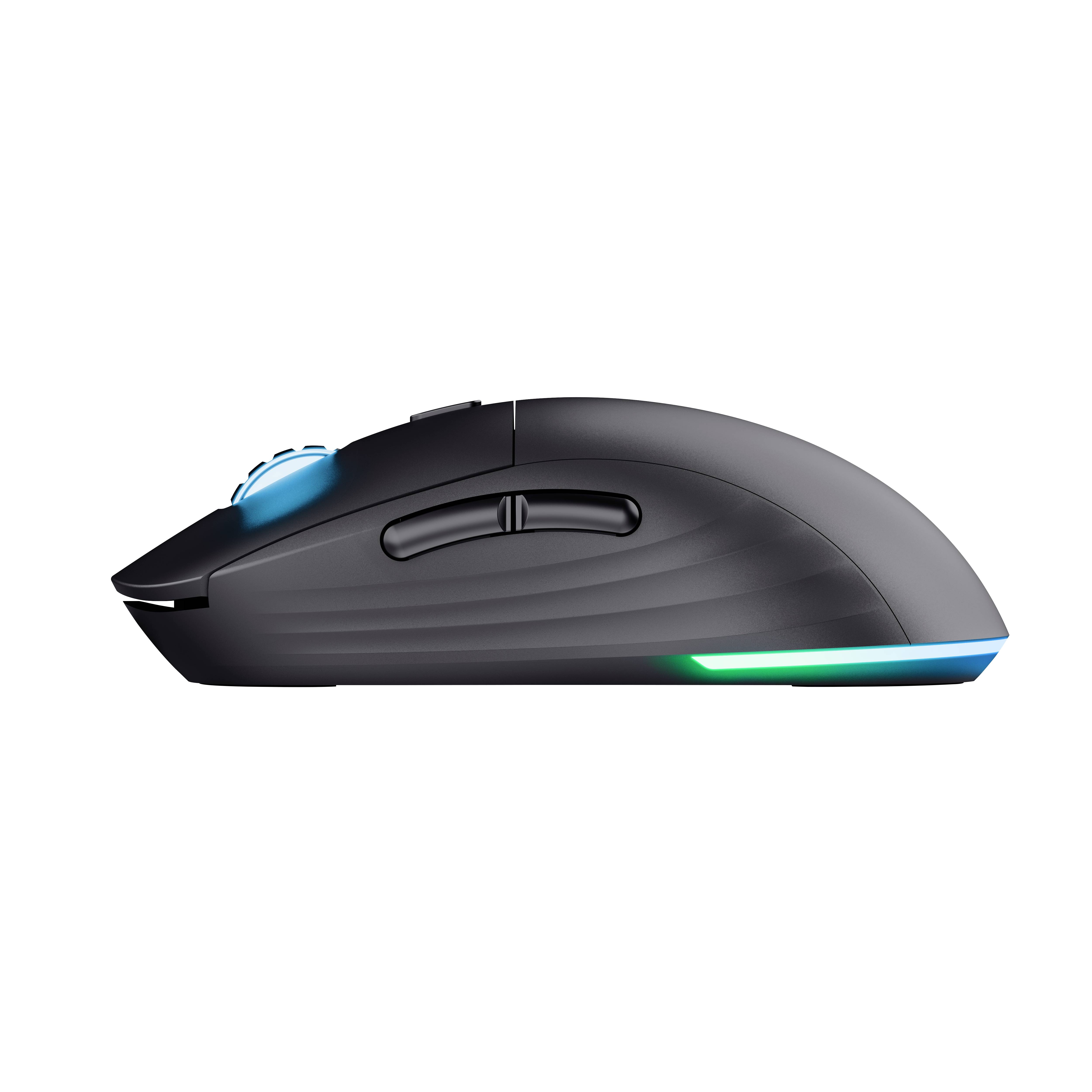 Kabellose Computermaus mit ergonomischem Design, seitlichen Tasten und farbiger LED-Beleuchtung an der Unterseite.