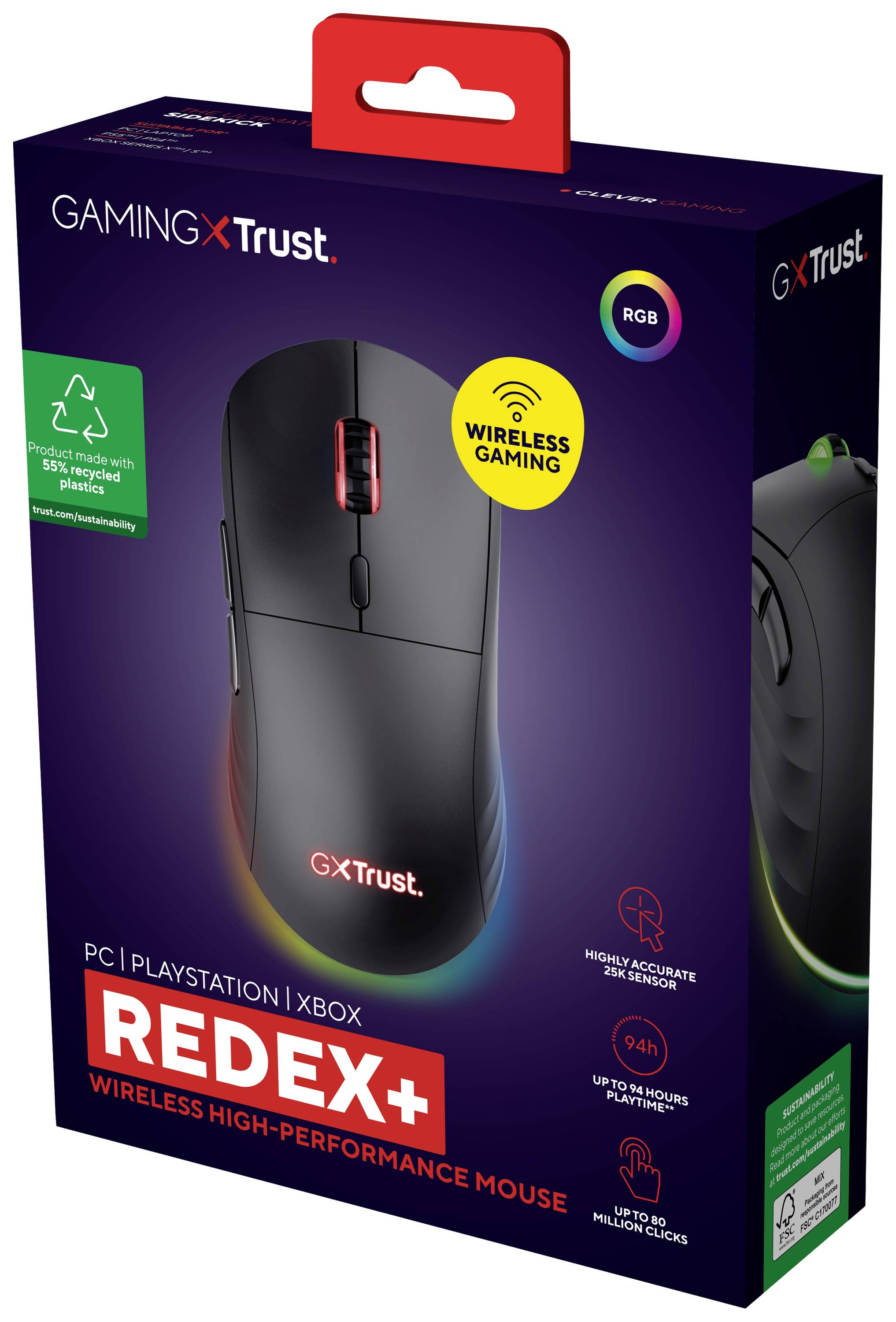 Verpackung einer Gaming-Maus 'Redex+' von Trust, kompatibel mit PC, PlayStation und Xbox. Drahtlose Leistung, RGB-Beleuchtung.