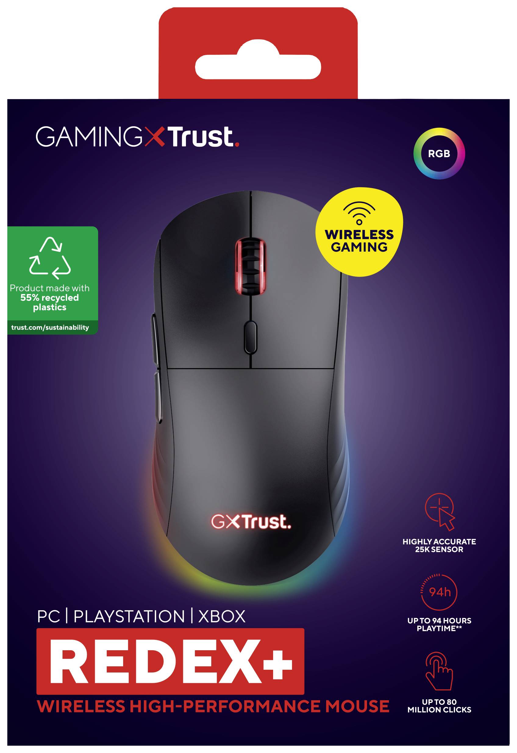 'Drahtlose Gaming-Maus Redex+ von Trust. PC, PlayStation, Xbox kompatibel. Bis zu 94 Stunden Akkulaufzeit, 80 Millionen Klicks.'